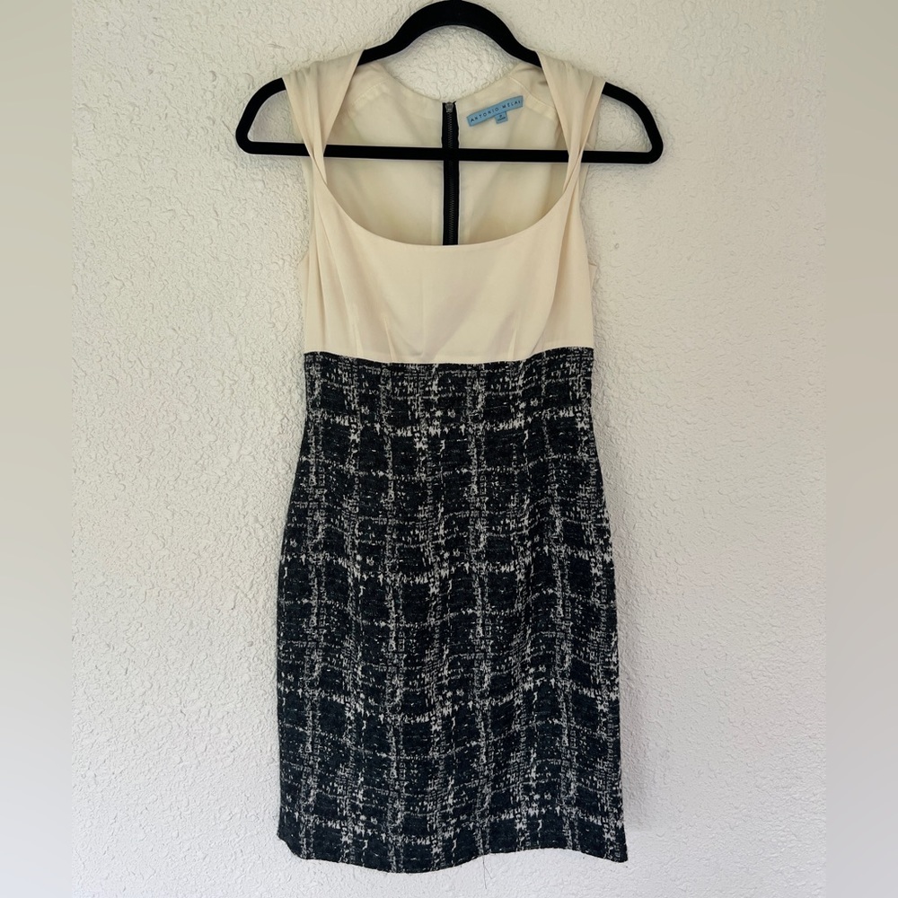 ANTONIO Melani women’s dress, form fitting, silk, tweed like skirt bottom SZ 2